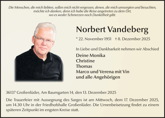 Traueranzeige von Norbert Vandeberg von FZ