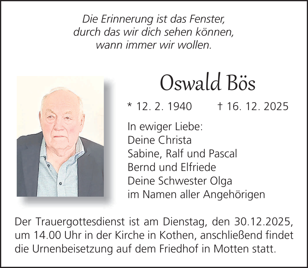  Traueranzeige für Oswald Bös vom 27.12.2025 aus FZ