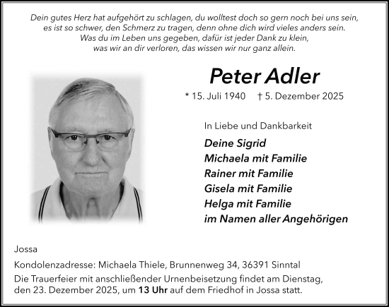 Traueranzeige von Peter Adler von FZ