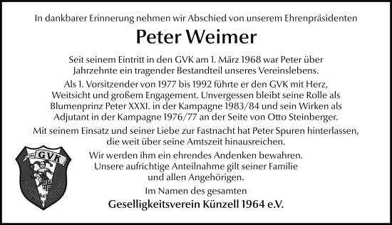 Traueranzeige von Peter Weimer von FZ