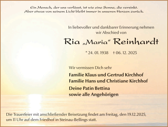 Traueranzeige von Ria Maria Reinhardt von FZ