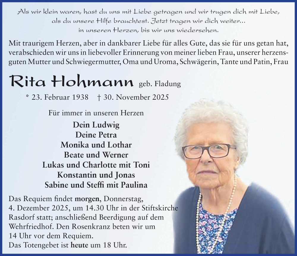  Traueranzeige für Rita Hohmann vom 03.12.2025 aus FZ