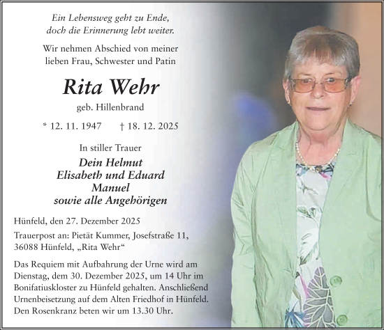 Traueranzeige von Rita Wehr von FZ