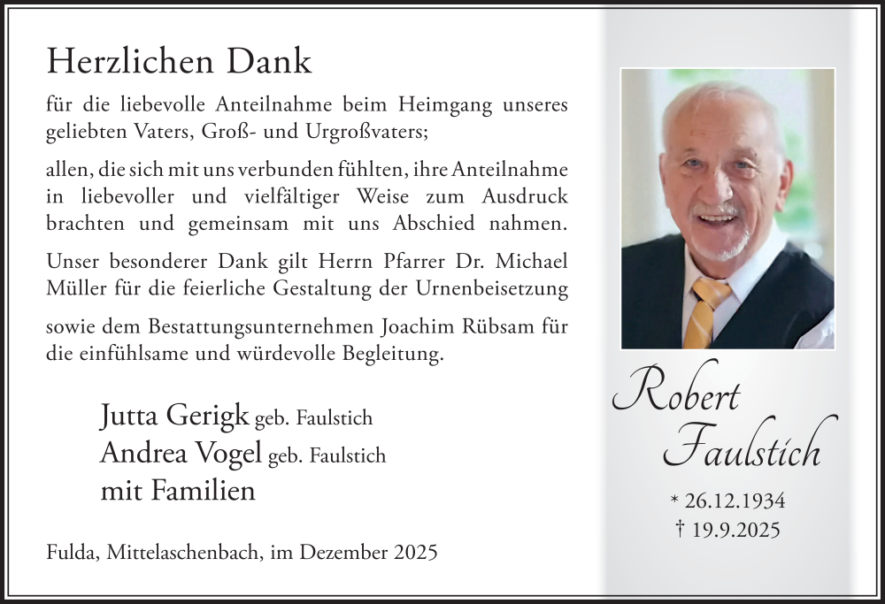  Traueranzeige für Robert Faulstich vom 20.12.2025 aus FZ