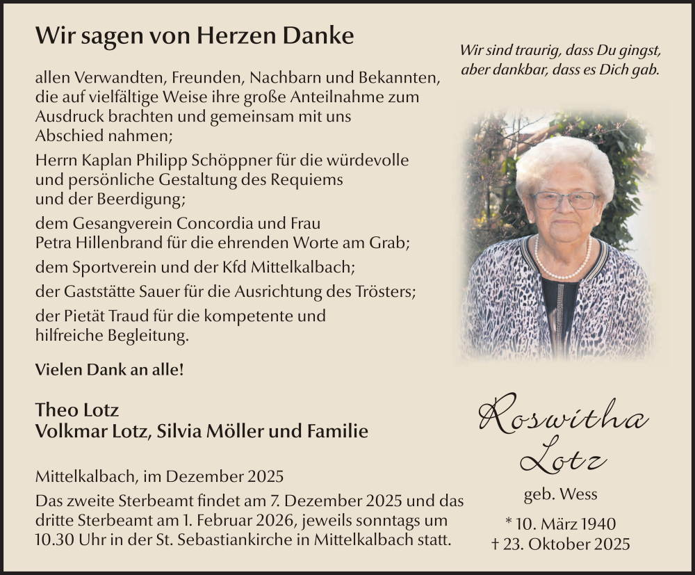  Traueranzeige für Roswitha Lotz vom 04.12.2025 aus FZ