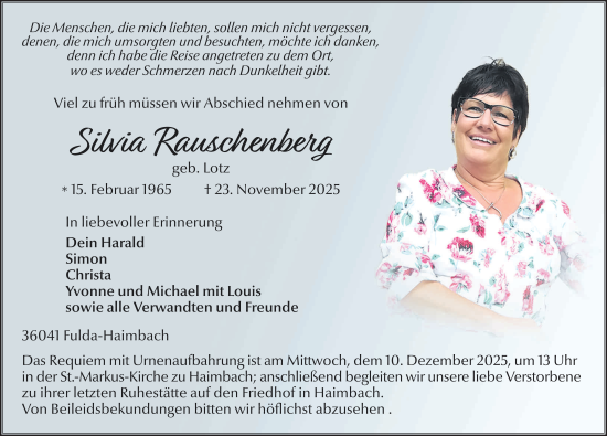 Traueranzeige von Sylvia Rauschenberger von FZ