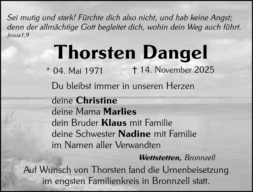  Traueranzeige für Thorsten Dangel vom 13.12.2025 aus FZ