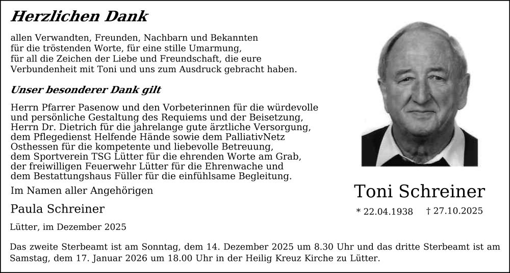  Traueranzeige für Toni Schreiner vom 06.12.2025 aus FZ