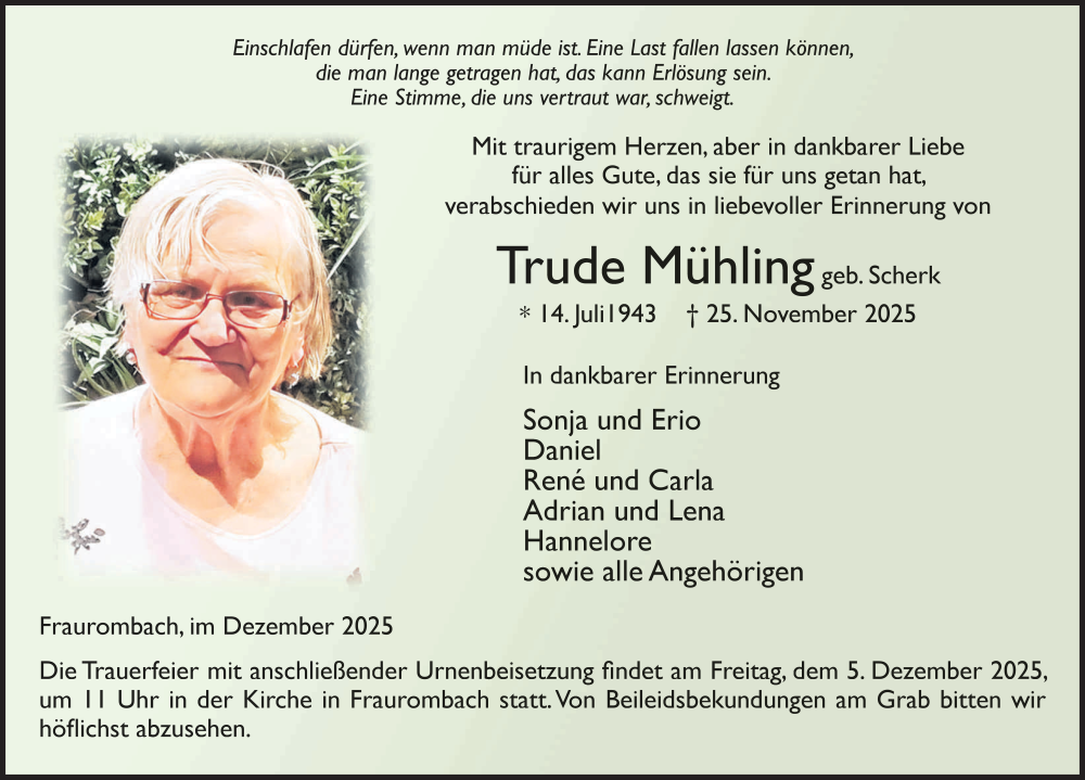  Traueranzeige für Trude Mühling vom 02.12.2025 aus FZ