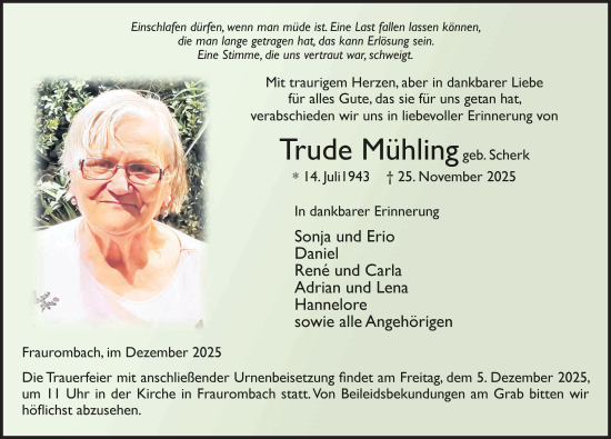 Traueranzeige von Trude Mühling von FZ
