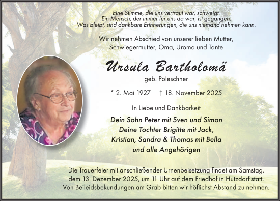 Traueranzeige von Ursula Bartholomä von FZ