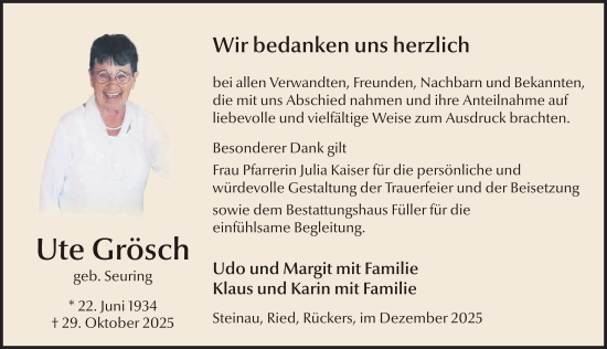 Traueranzeige von Ute Grösch von FZ