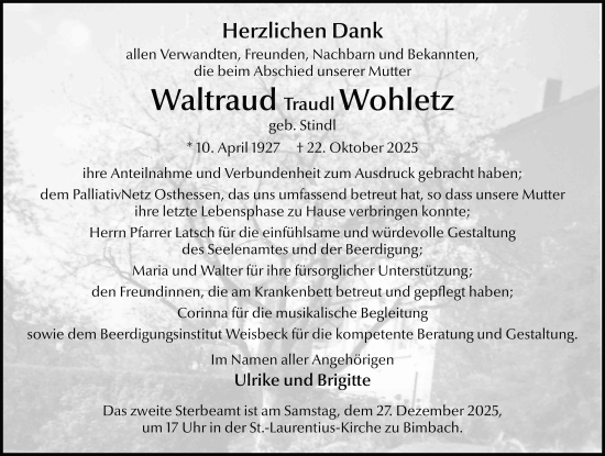 Traueranzeige von Waltraud Wohletz von FZ