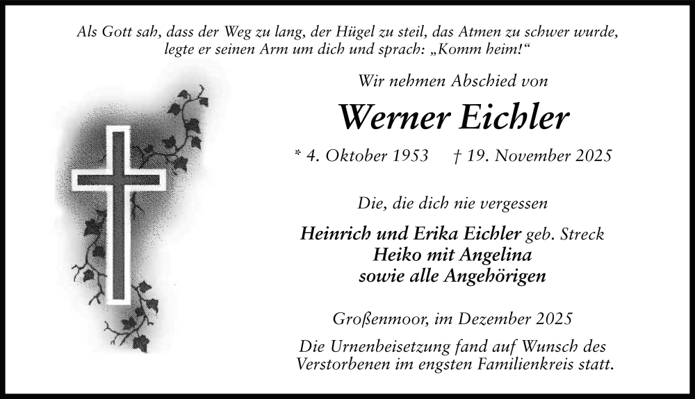  Traueranzeige für Werner Eichler vom 06.12.2025 aus FZ