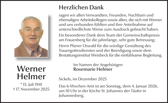Traueranzeige von Werner Helmer von FZ