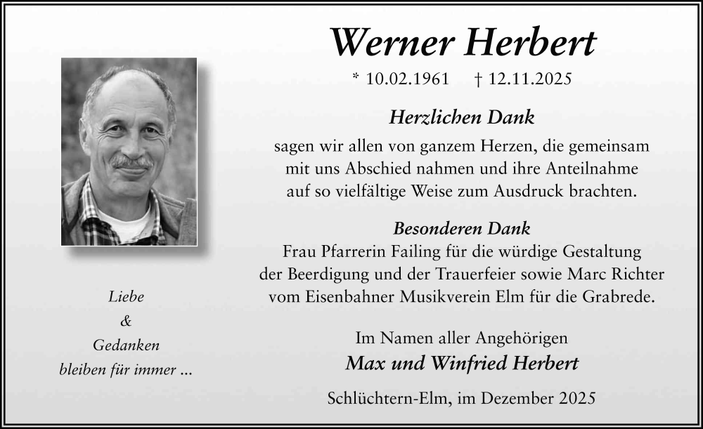  Traueranzeige für Werner Herbert vom 06.12.2025 aus FZ