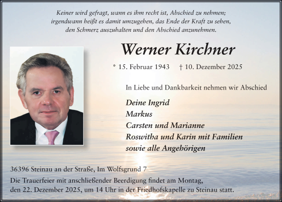 Traueranzeige von Werner Kirchner von FZ