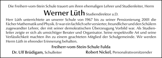 Traueranzeige von Werner Lüth von FZ