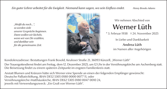 Traueranzeige von Werner Lüth von FZ