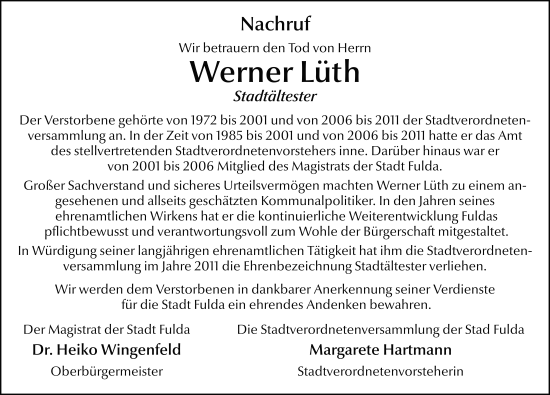 Traueranzeige von Werner Lüth von FZ