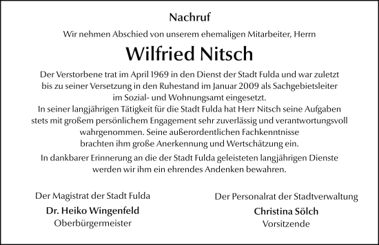 Traueranzeige von Wilfried Nitsch von FZ
