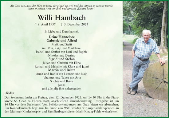Traueranzeige von Willi Hambach von FZ