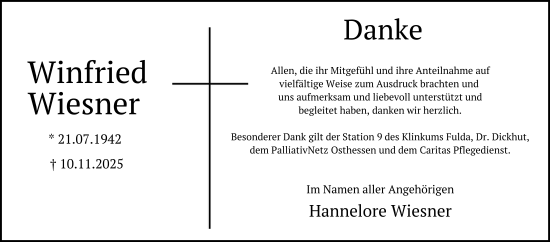 Traueranzeige von Winfried Wiesner von FZ