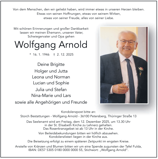 Traueranzeige von Wolfgang Arnold von FZ