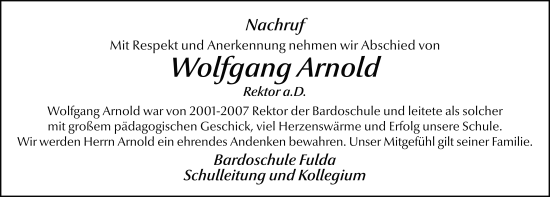 Traueranzeige von Wolfgang Arnold von FZ