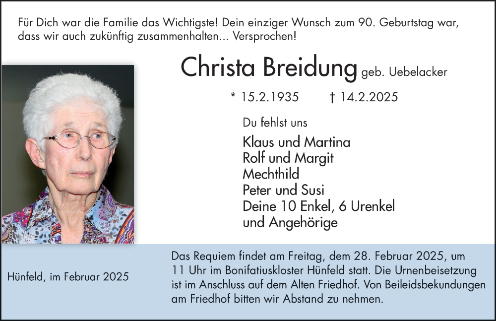  Traueranzeige für Christa Breidung vom 24.02.2025 aus FZ