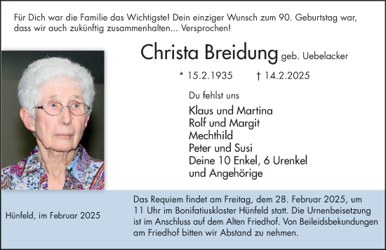 Traueranzeige von Christa Breidung von FZ