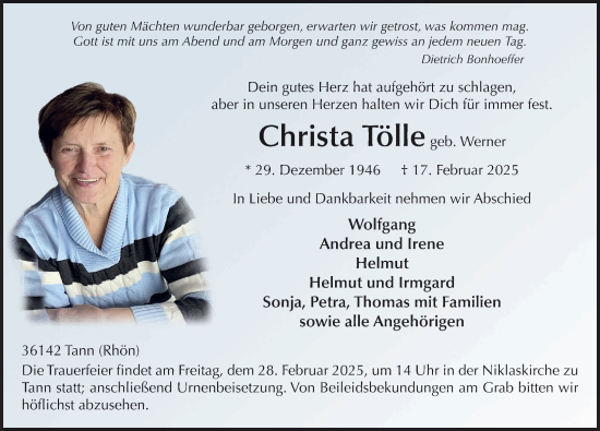 Traueranzeige von Christa Tölle von FZ