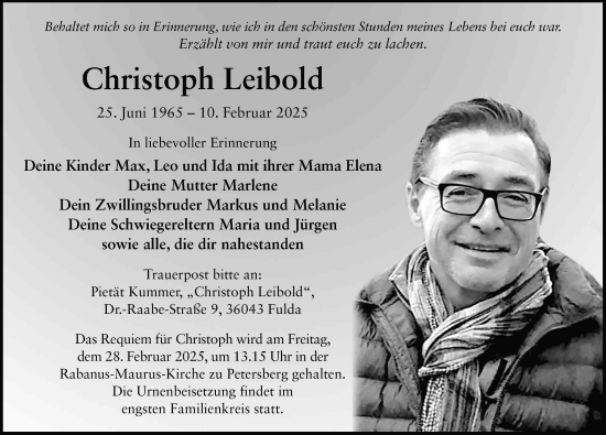 Traueranzeige von Christoph Leibold von FZ