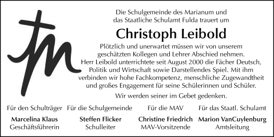Traueranzeige von Christoph Leibold von FZ