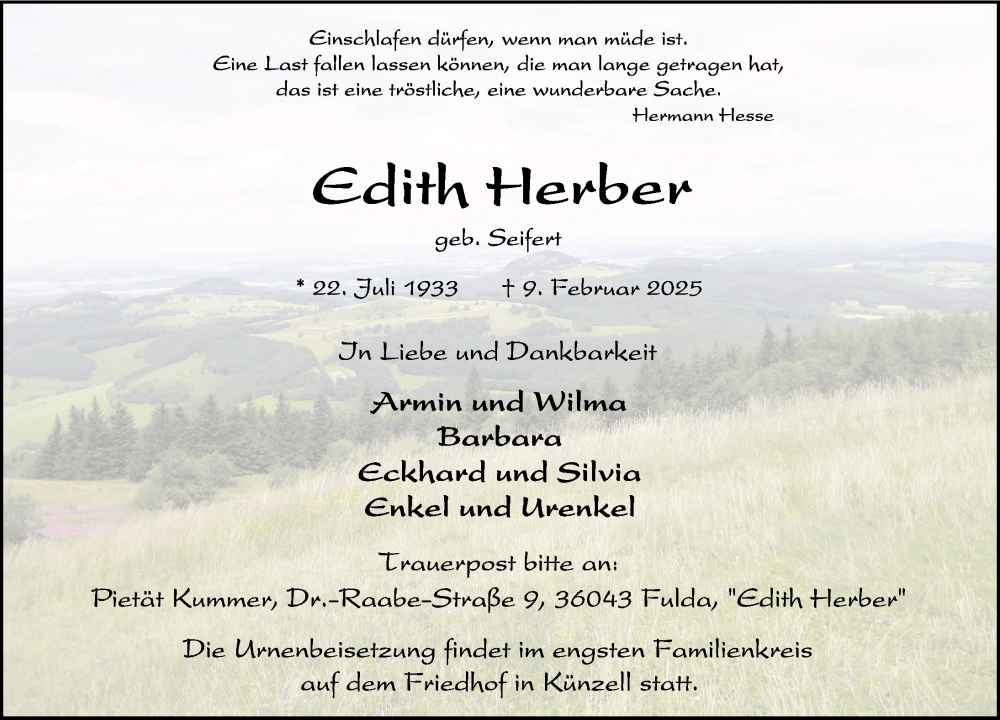  Traueranzeige für Edith Herber vom 15.02.2025 aus FZ