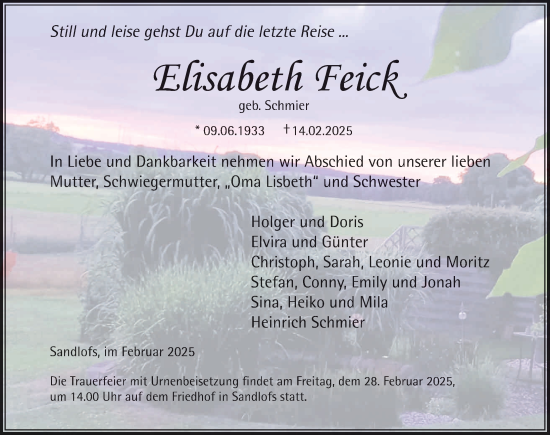 Traueranzeige von Elisabeth Feick von FZ