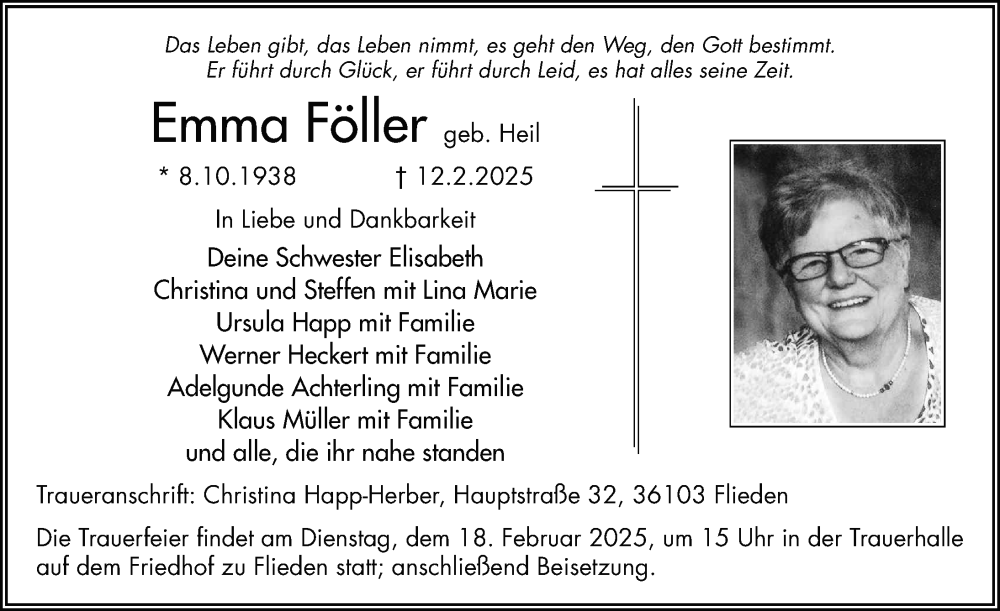  Traueranzeige für Emma Föller vom 15.02.2025 aus FZ