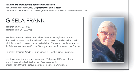 Traueranzeige von Gisela Frank von FZ