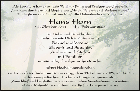 Traueranzeige von Hans Horn von FZ