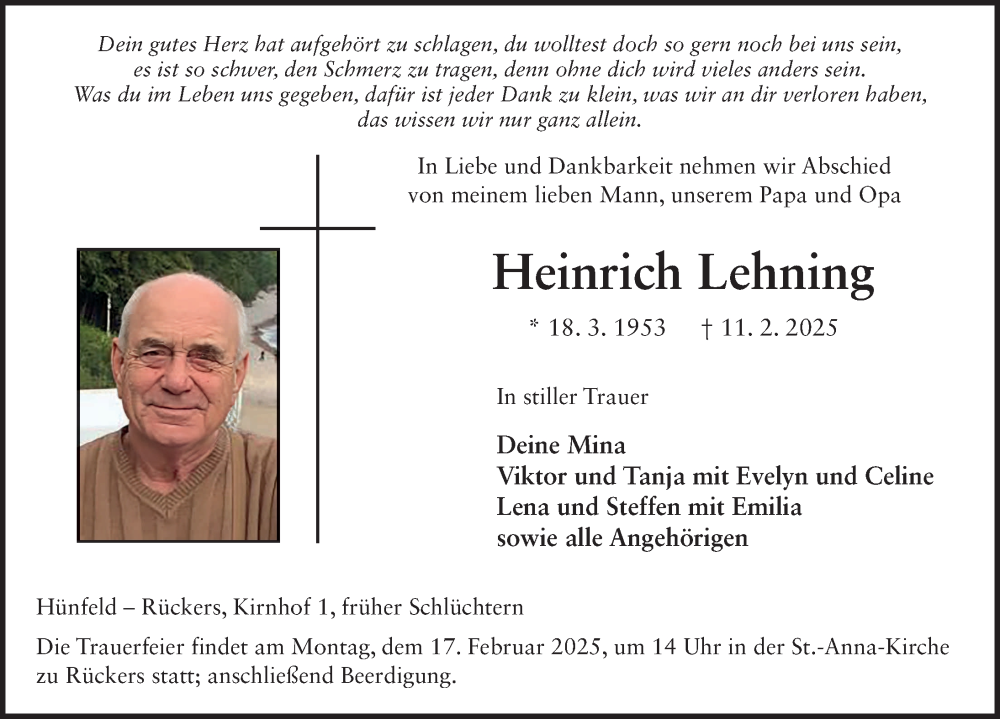  Traueranzeige für Heinrich Lehning vom 15.02.2025 aus FZ