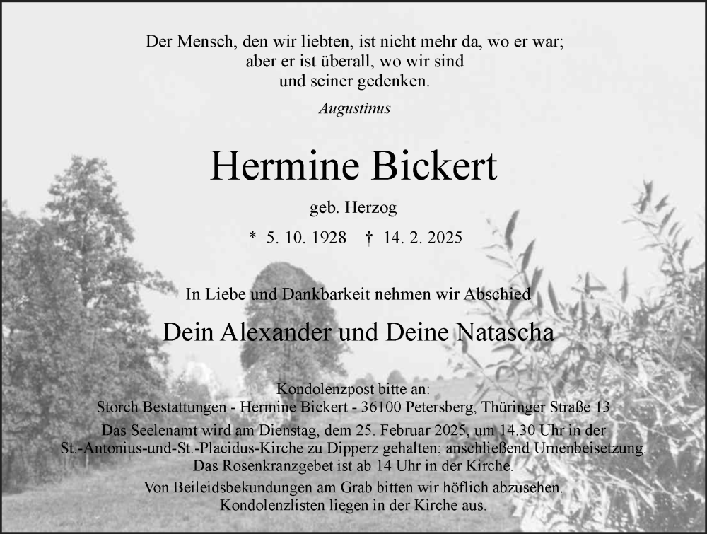  Traueranzeige für Hermine Bickert vom 19.02.2025 aus FZ