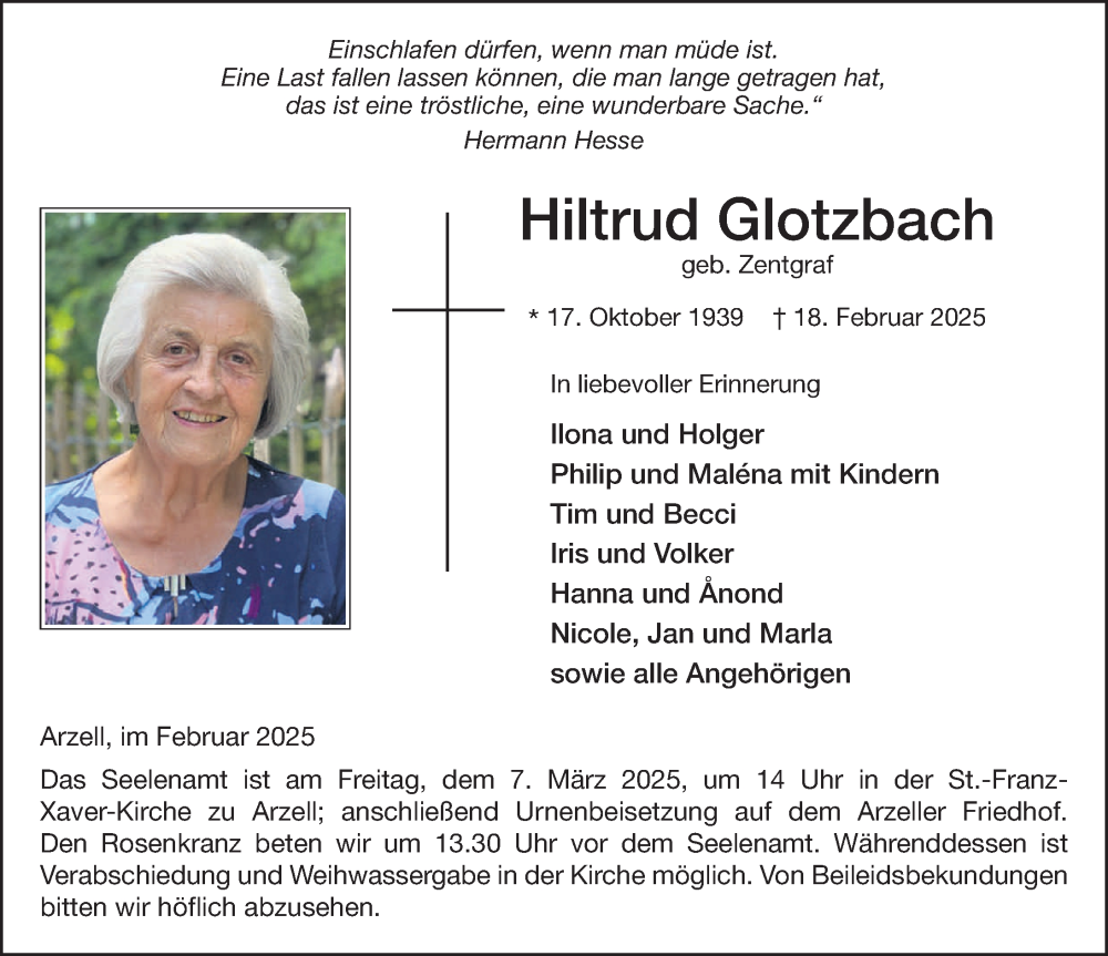 Traueranzeige für Hiltrud Glotzbach vom 25.02.2025 aus FZ