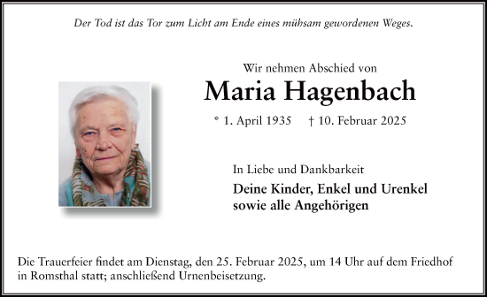 Traueranzeige von Maria Hagenbach von FZ