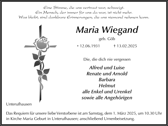 Traueranzeige von Maria Wiegand von FZ