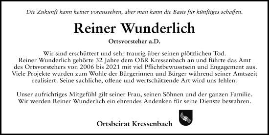 Traueranzeige von Reiner Wunderlich von FZ