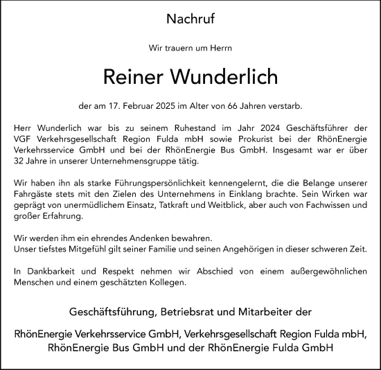 Traueranzeige von Reiner Wunderlich von FZ