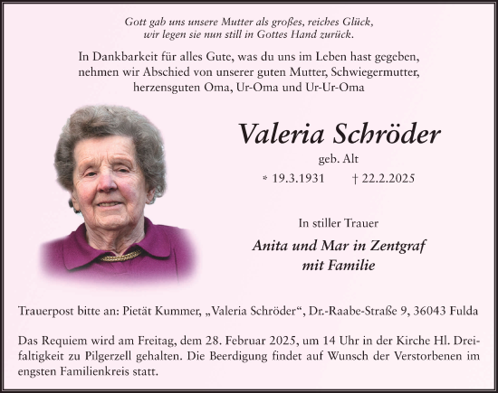 Traueranzeige von Valeria Schröder von FZ