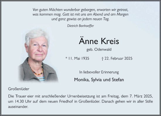 Traueranzeige von Änne Kreis von FZ
