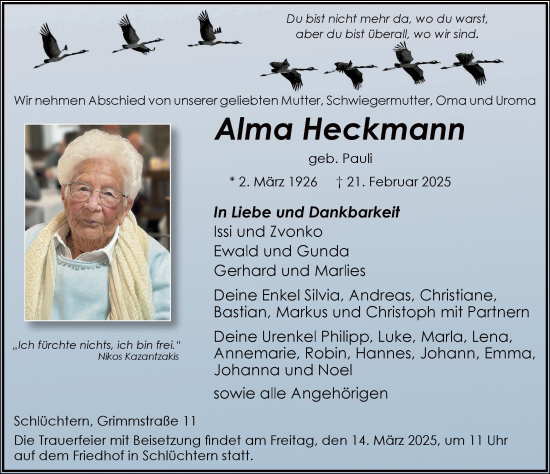 Traueranzeige von Alma Heckmann von FZ