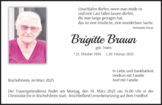 Traueranzeige von Brigitte Braun von FZ